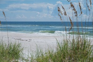 A beach with waves, a clear sky, and some grasses in the foreground. - 1415 Gulf Dr N Holmes Beach, Anna Maria Island 3 Bedroom Townhouse (Bradenton Beach)