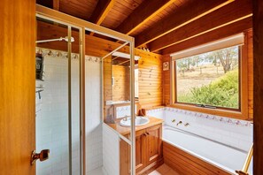 Een houten badkamer met een douchecabine van glas, een wastafel en een bad.