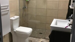 Kylpyhuone, jossa on wc, suihku ja pesuallas.