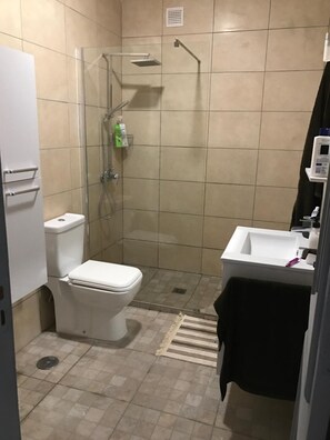 Une salle de bain avec des toilettes, une douche et un lavabo.