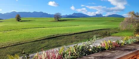 A view of a green field with mountains in the distance, a wooden bench, and a clear sky.