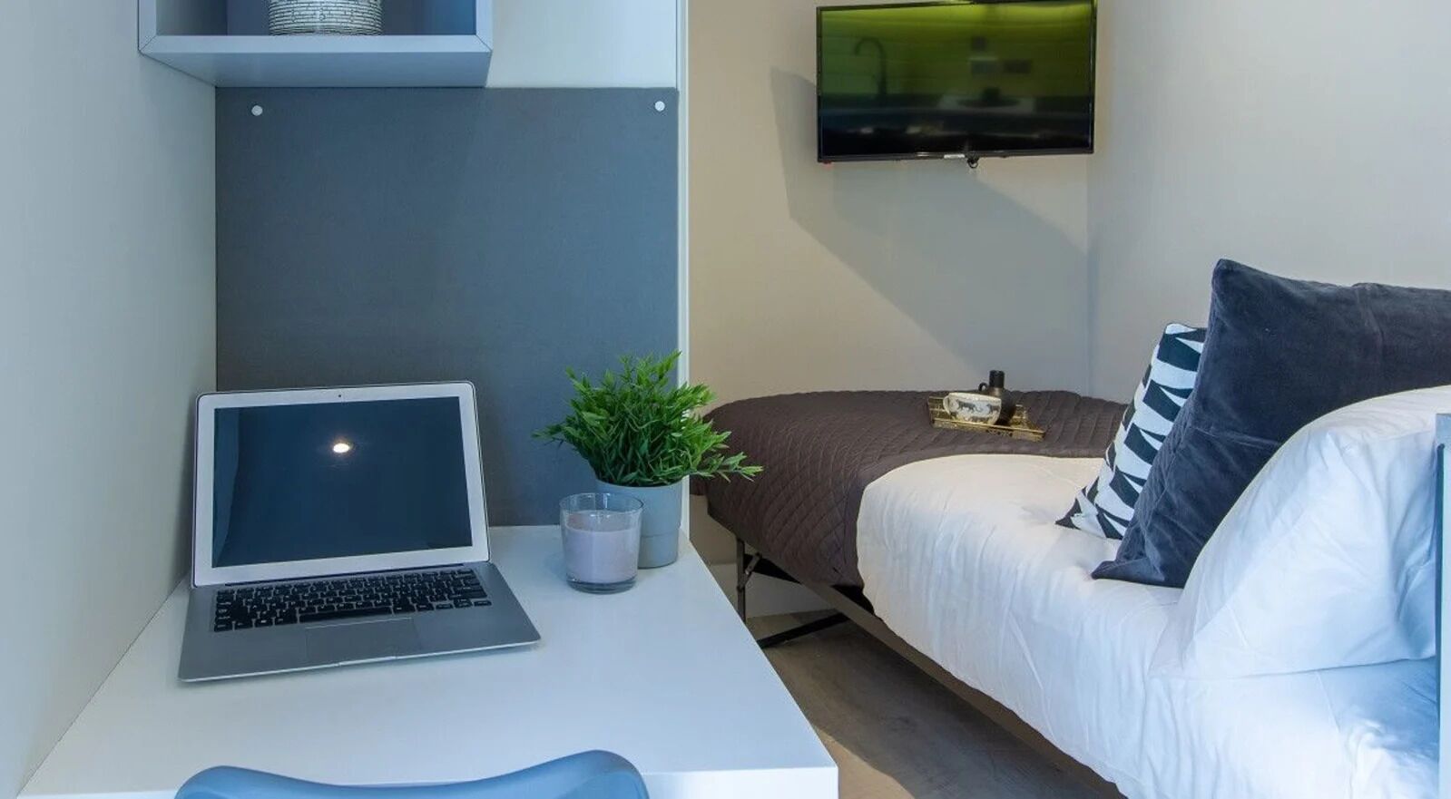 Un dormitorio moderno con cama, un escritorio con una computadora portátil, un televisor montado en la pared y una pequeña planta en el escritorio.