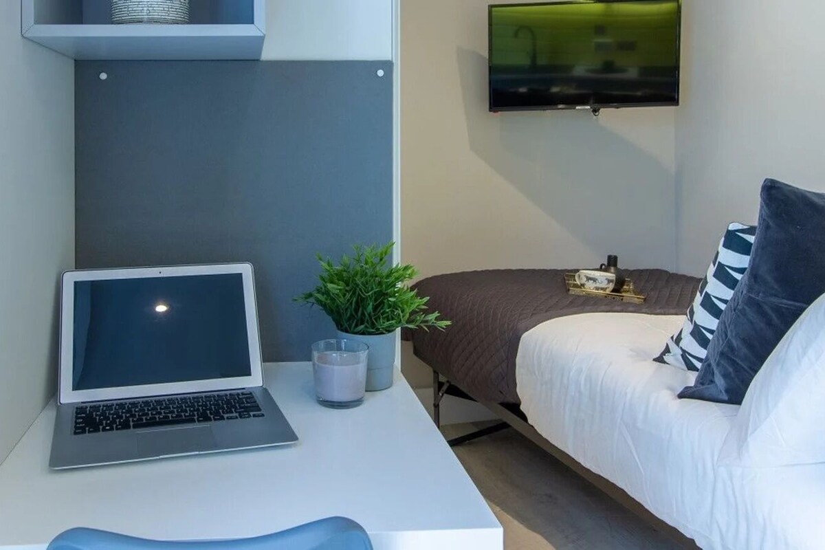 A modern bedroom with a bed, a desk with a laptop, a TV mounted on the wall, and a small plant on the desk.