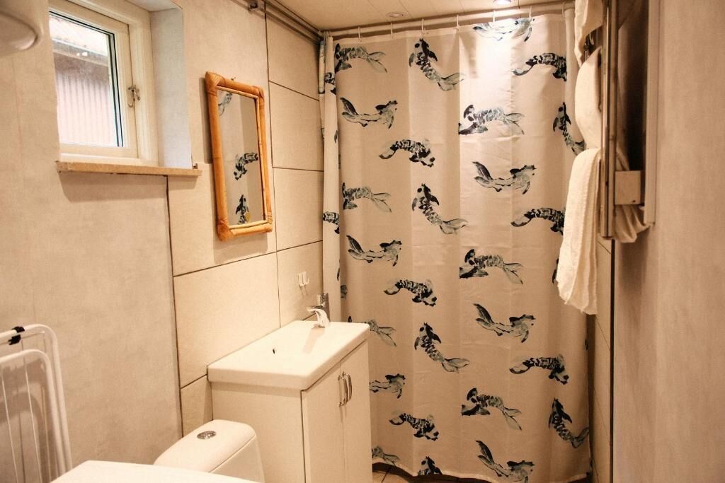 A bathroom with a toilet, sink, and shower curtain with a bird pattern.