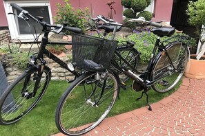 A bicycle with a basket, parked on a brick pathway. - Little bit of holiday happiness (Coesfeld)