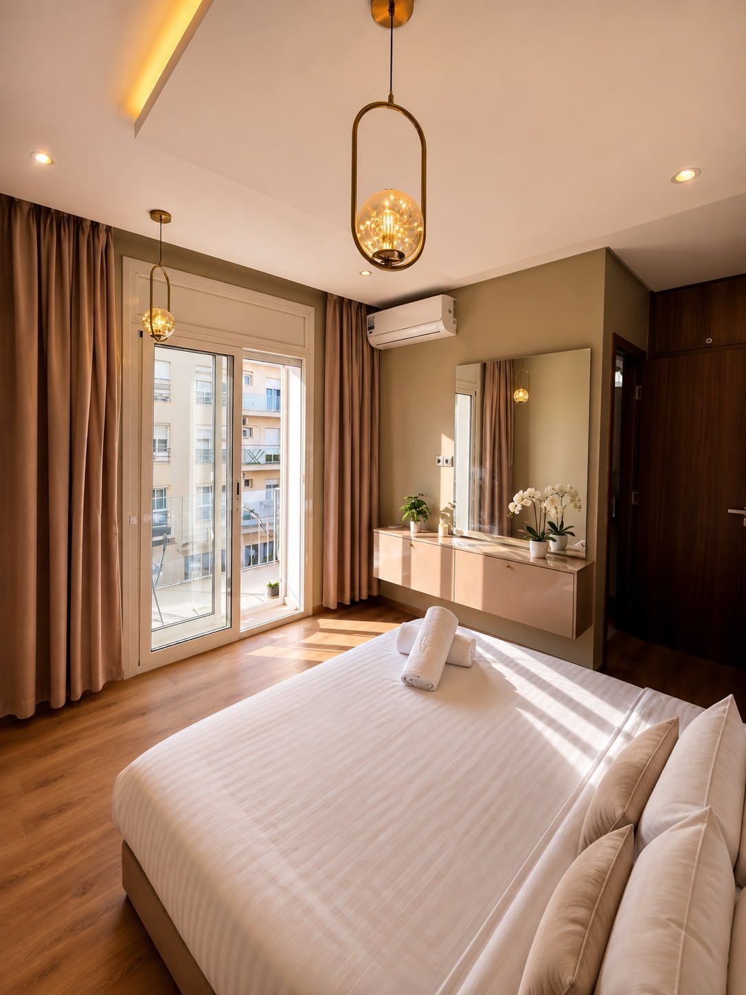 Habitación de hotel con una cama grande, baño con espejo y lavamanos, y puerta corrediza de vidrio al exterior.