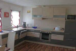 A compact kitchen with a built-in oven, a microwave, and a sink. - Holiday apartment with 2 bedrooms (Rhauderfehn)