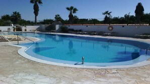 Une piscine dotée d’une terrasse carrelée, entourée de chaises longues et de palmiers.
