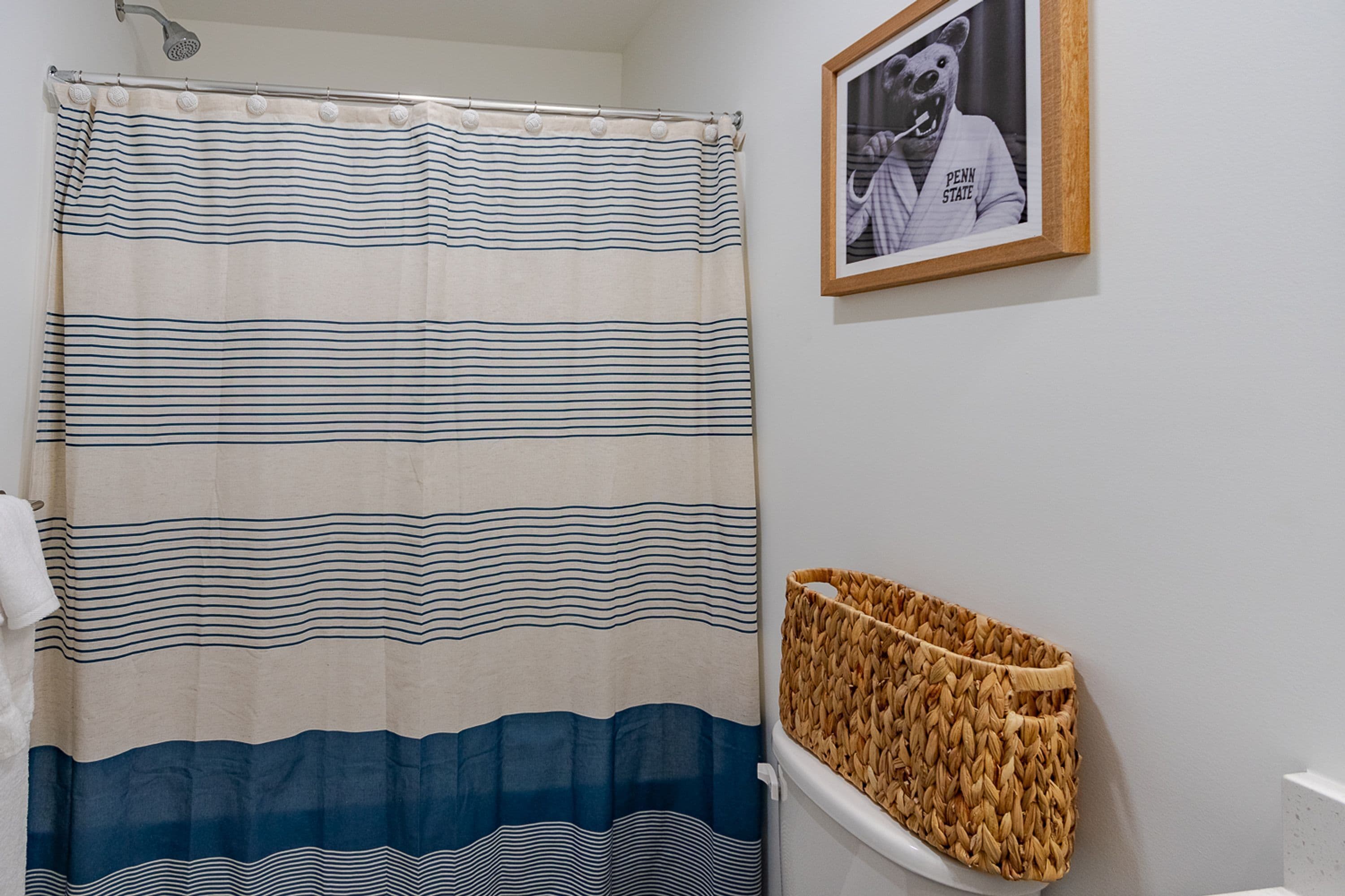 A bathroom with a striped shower curtain, a framed photo on the wall, and a woven basket.