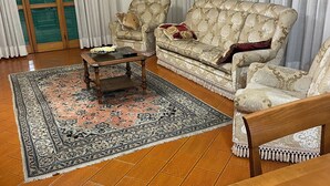 A living room with a sofa, armchairs, a coffee table, and a rug. - Marisa's Home (Santa Croce sull'Arno)