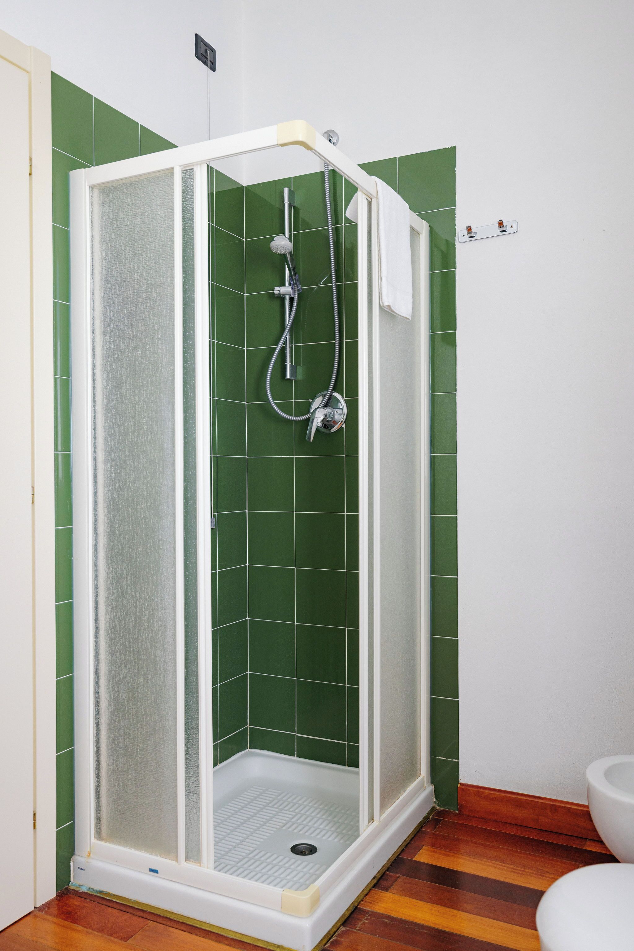 Une cabine de douche fermée par des parois en verre, dotée d’un cadre blanc, d’un pommeau de douche à main et d’un flexible de douche.