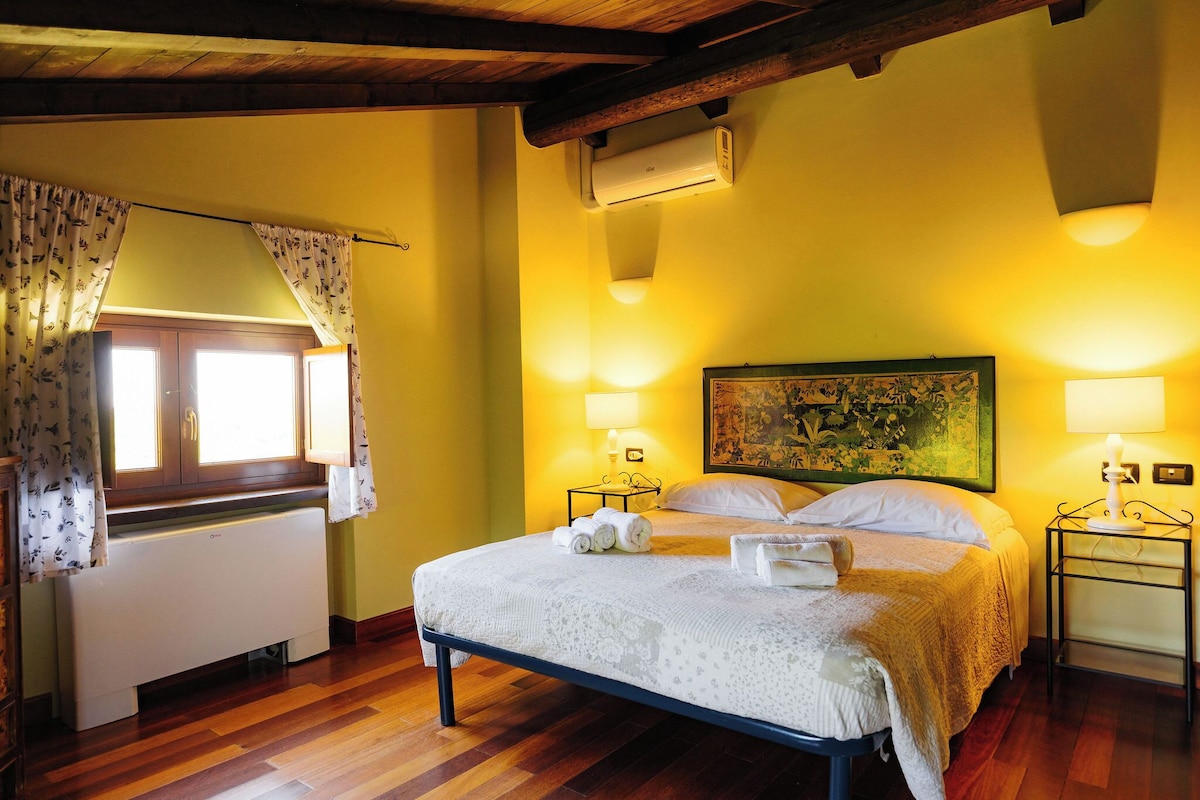 A bedroom with a bed, two bedside lamps, a window with curtains, an air conditioning unit, and a painting on the wall.