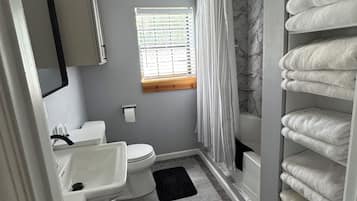 A bathroom with a toilet, sink, and shower area.