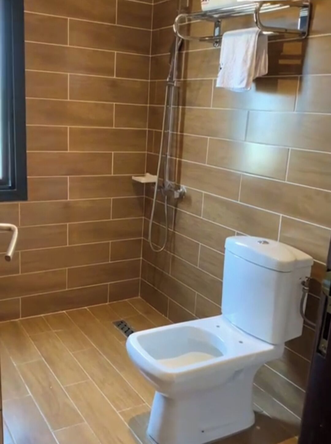 Une salle de bain avec une douche, des toilettes et un porte-serviettes.