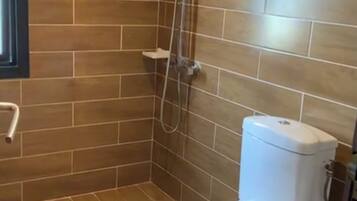 Une salle de bain avec une douche, des toilettes et un porte-serviettes.