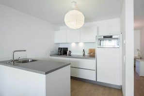 A modern kitchen with a built-in sink, a coffee maker, and a microwave. - Holiday apartment with 1 bedroom (Überlingen)