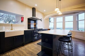 A modern kitchen with a large island, dark cabinetry, and a view through the windows.