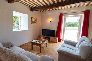 A living room with a television, a coffee table, and two sofas. - Holiday home with 4 bedrooms (Roussillon)