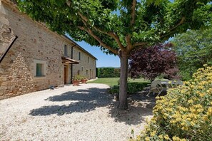 A stone building with a gravel driveway, a tree with purple leaves, and a yellow flowering bush. - Holiday home with 4 bedrooms (Roussillon)
