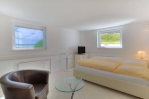 Une chambre à coucher avec un lit, une télévision, une chaise et deux fenêtres.