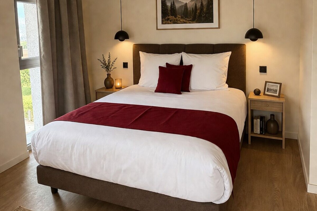 Un dormitorio con una cama grande, una mesita de noche, una lámpara de pared y un cuadro enmarcado sobre la cama.