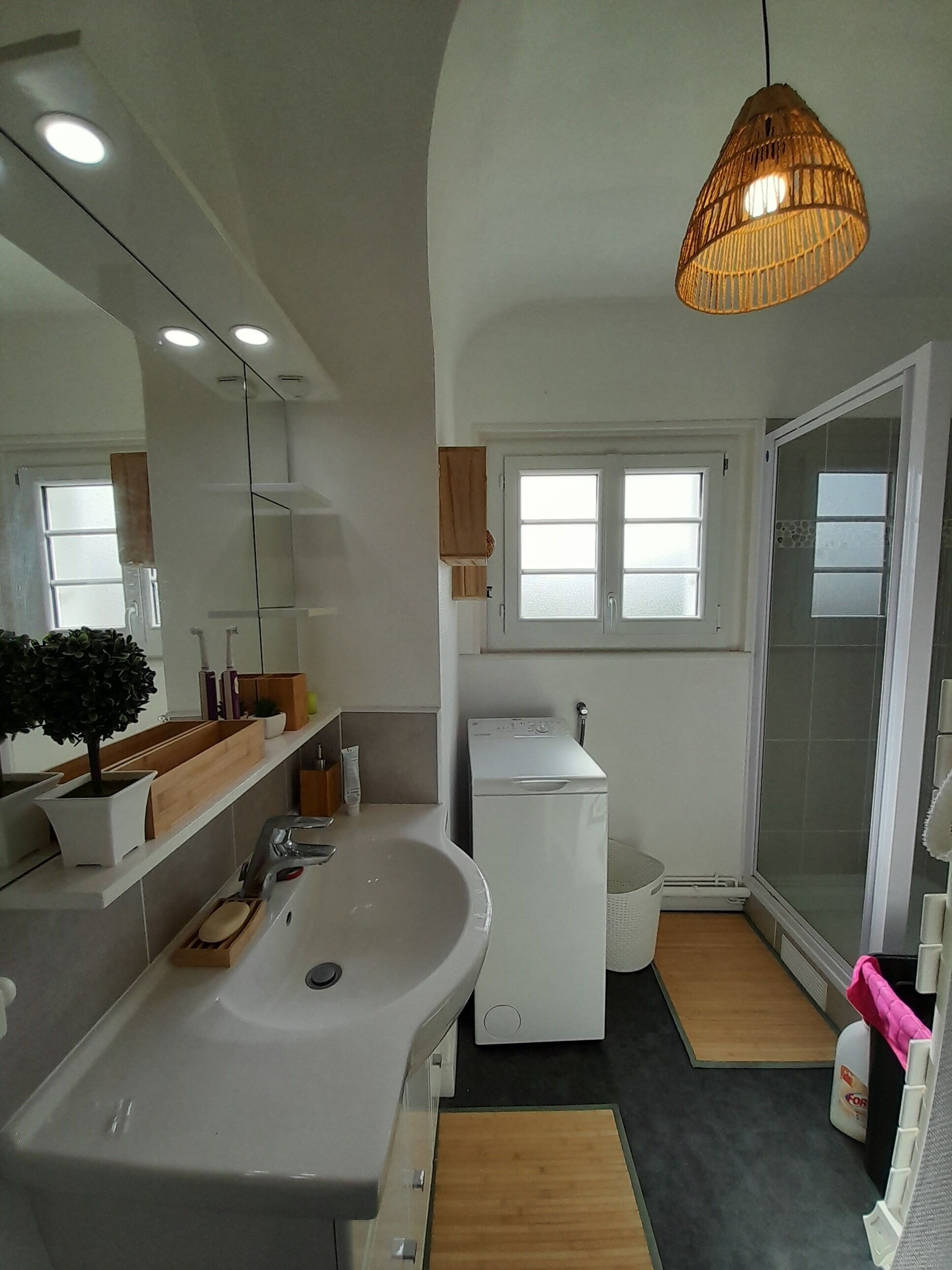 A modern bathroom with a large sink, a mirror, a hanging light fixture, a window, and a shower area.