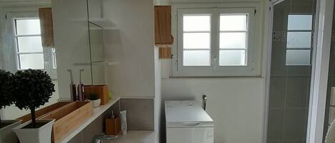 A modern bathroom with a large sink, a mirror, a hanging light fixture, a window, and a shower area.