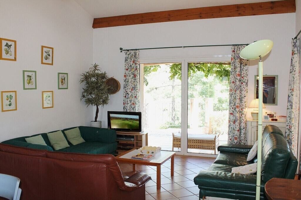 Una sala de estar con un sofá verde, un televisor, una mesa de centro y una planta.