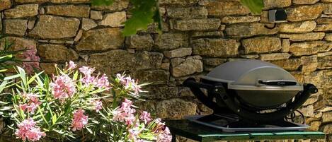 A stone wall, a grill on a table, and pink flowers.