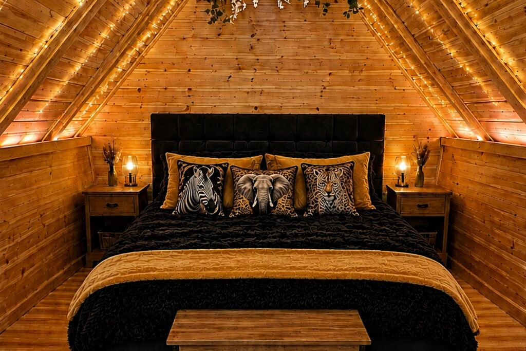 A bedroom with a sloped ceiling, wooden walls, a bed with patterned pillows, and bedside lamps.