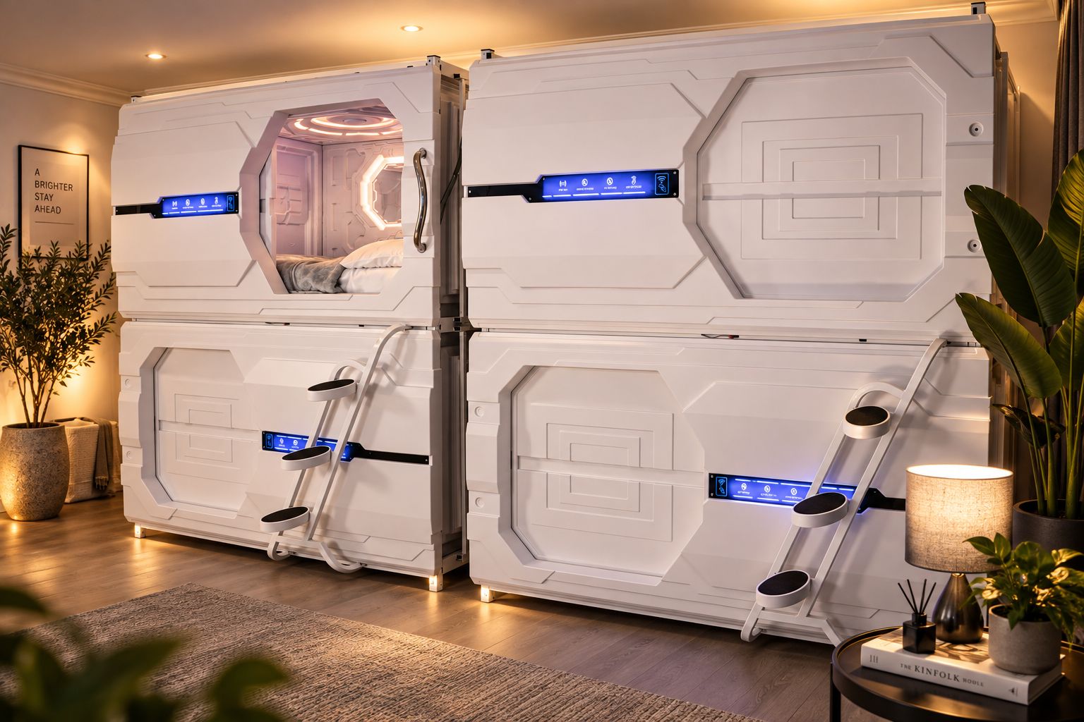 A room with two large, white, futuristic-looking beds with built-in controls and a ladder. There is a potted plant and a lamp on a side table.
