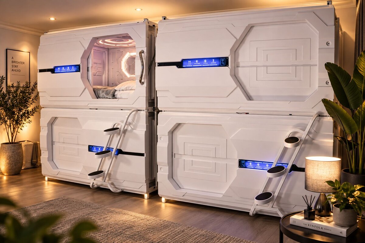 A room with two large, white, futuristic-looking beds with built-in controls and a ladder. There is a potted plant and a lamp on a side table.