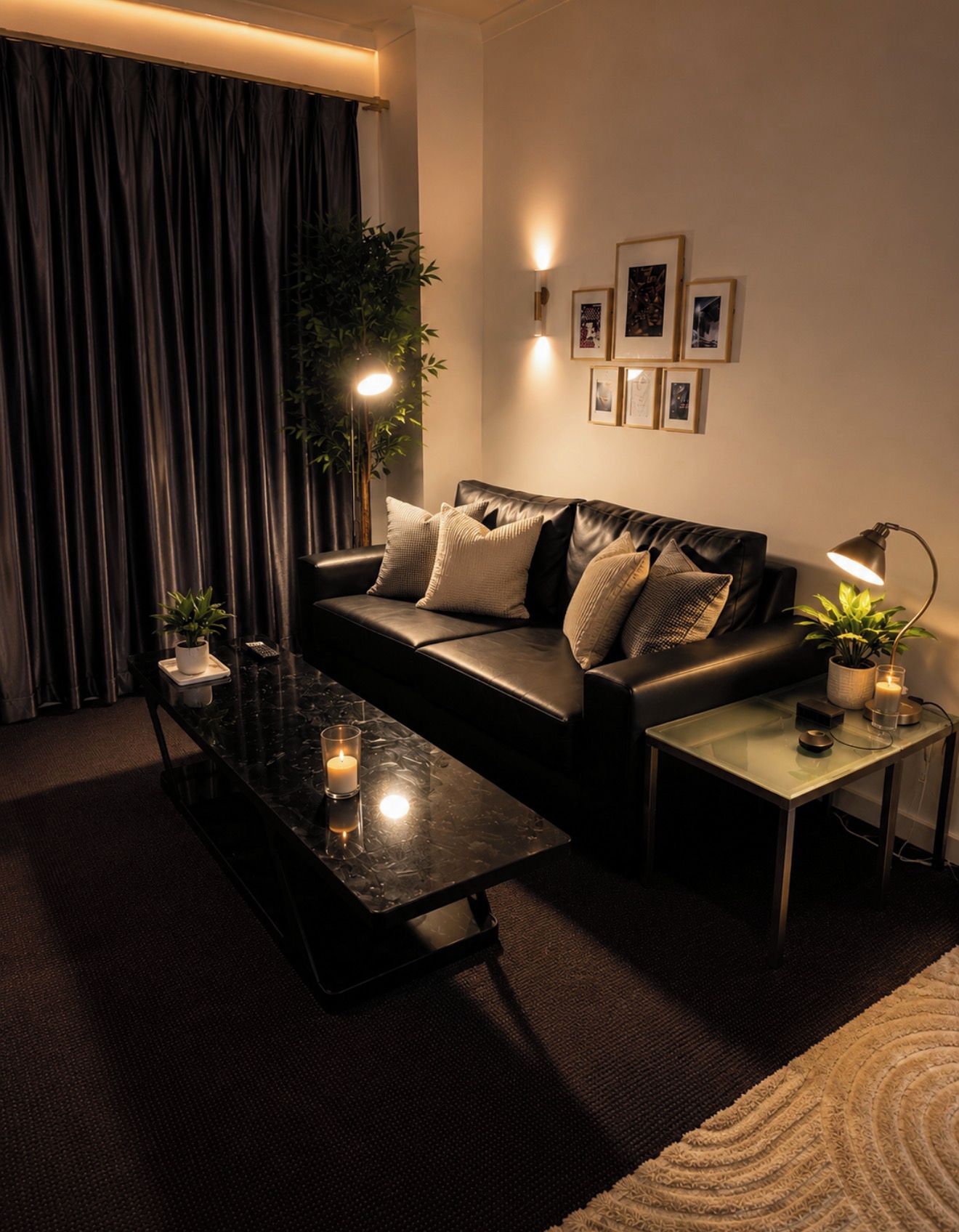 A modern living room with a leather sofa, a glass coffee table, a side table with a lamp, and a large window with curtains.