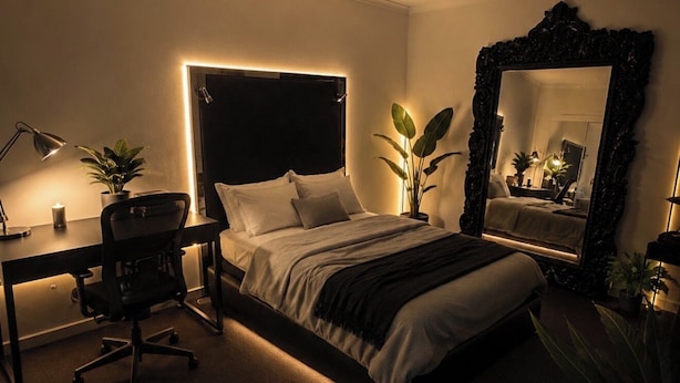 Ein Schlafzimmer mit Bett, Schreibtisch, Stuhl und einem großen Spiegel.