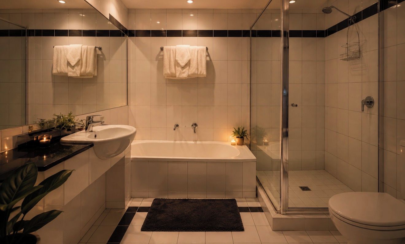 A modern bathroom with a bathtub, a shower, and a toilet.