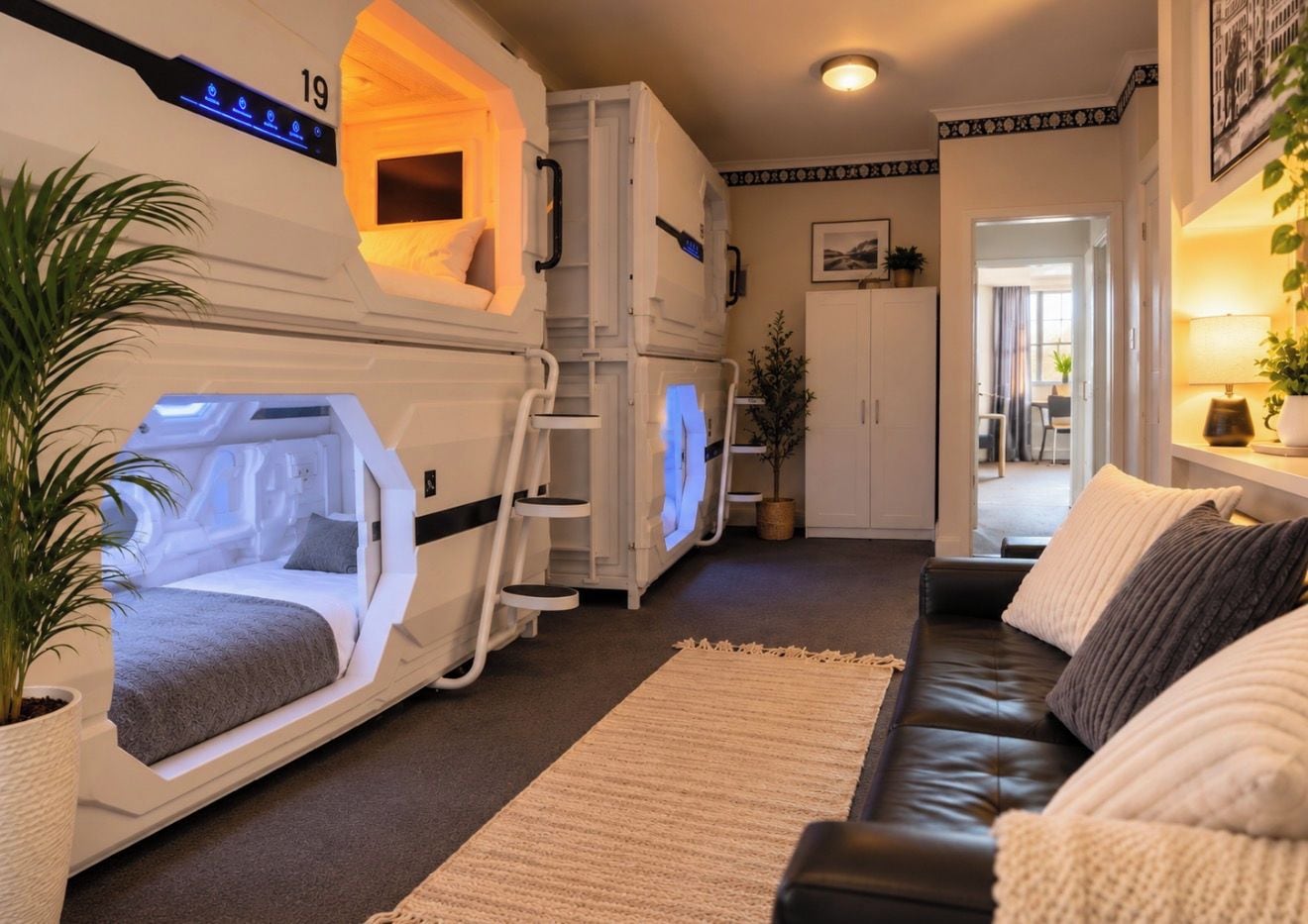 A room with a bunk bed, a sofa, a potted plant, and a wall-mounted television.