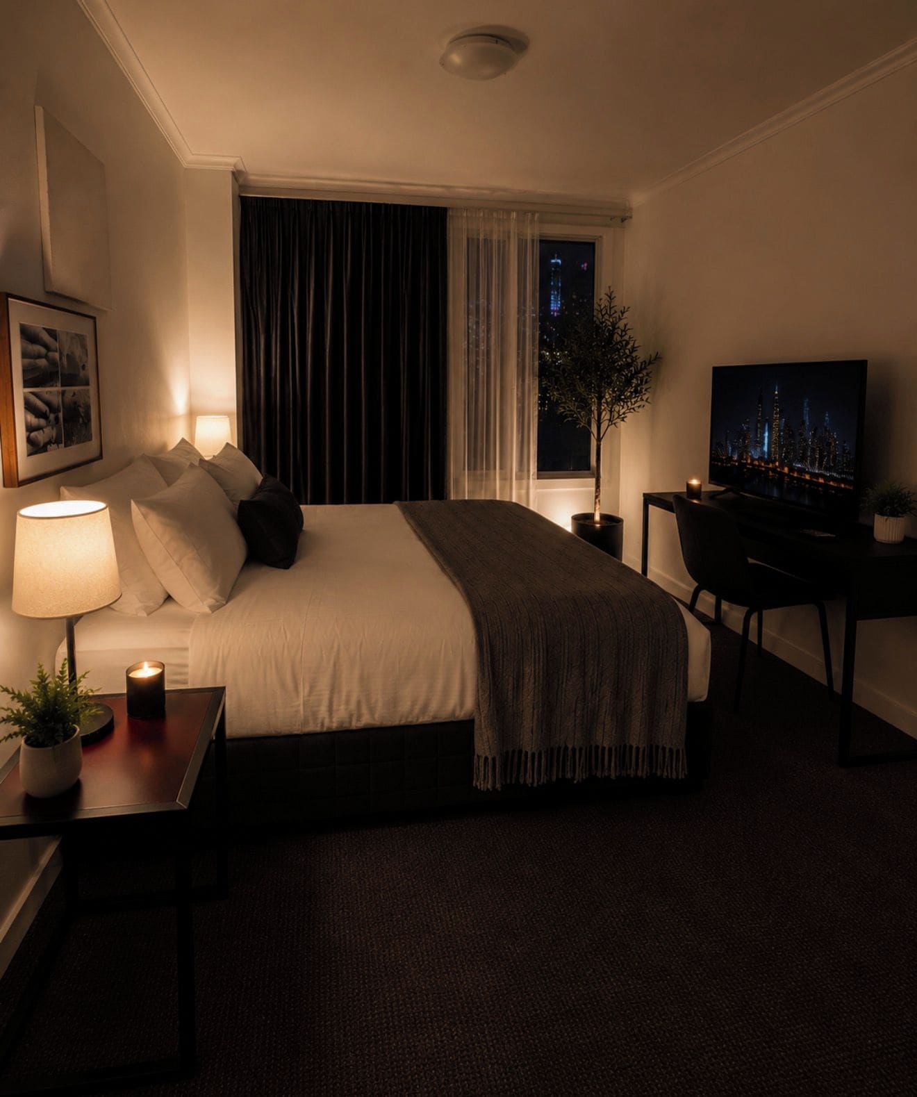 Una camera d'albergo con un letto, una lampada da comodino, una TV e vista notturna sulla città.