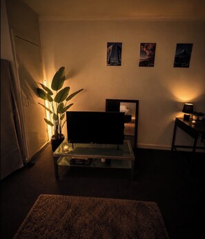A living room with a flat-screen TV on a glass table, a potted plant, and three framed pictures on the wall. - The One Space  (Carlton)