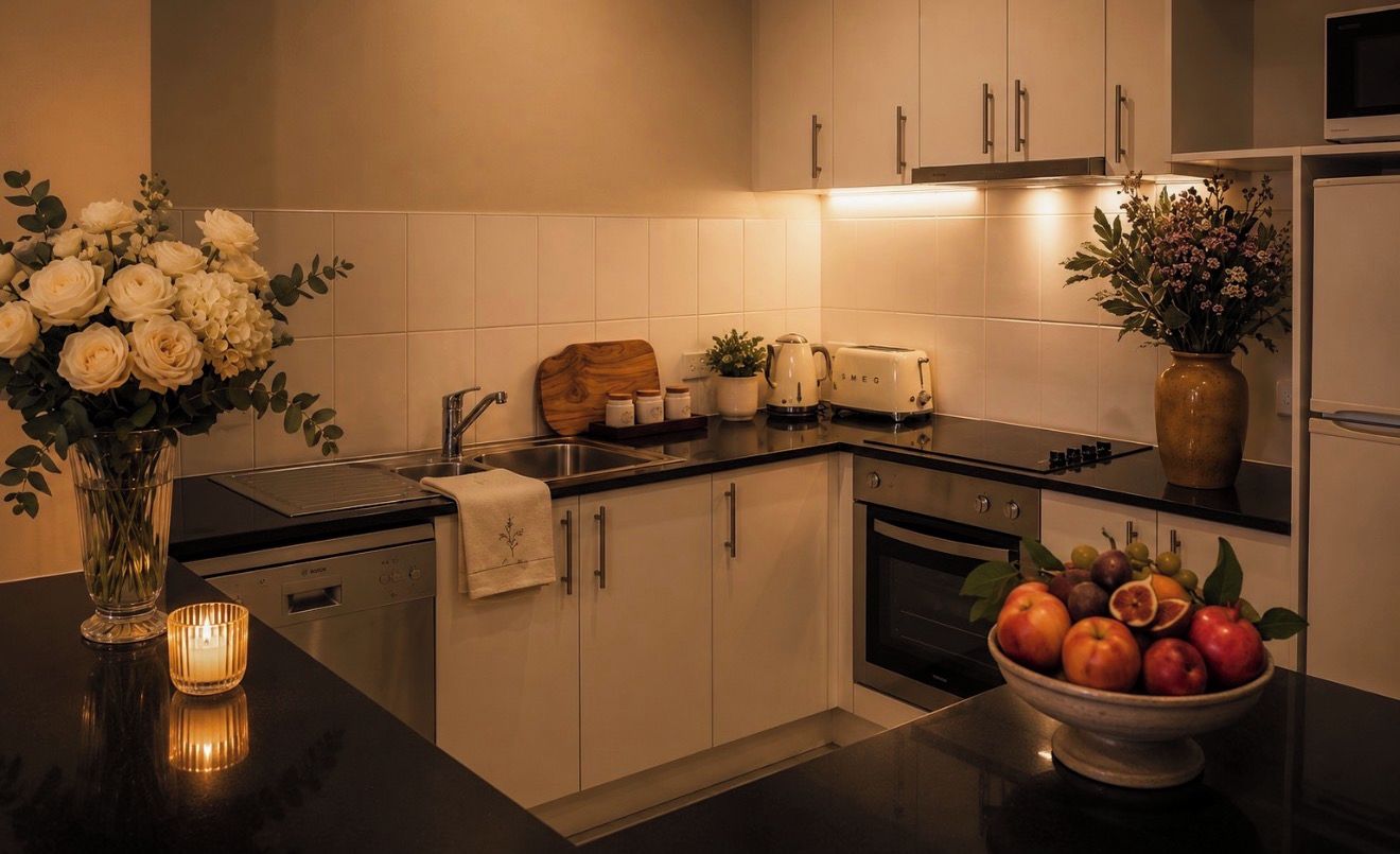 A modern kitchen with white cabinets, a black countertop, a toaster, a sink, and a bowl of fruit.