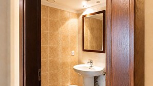 A small bathroom with a toilet, sink, and mirror. - Zidoron House - Peaceful Retreat at Lake Kerkini (Mandraki)