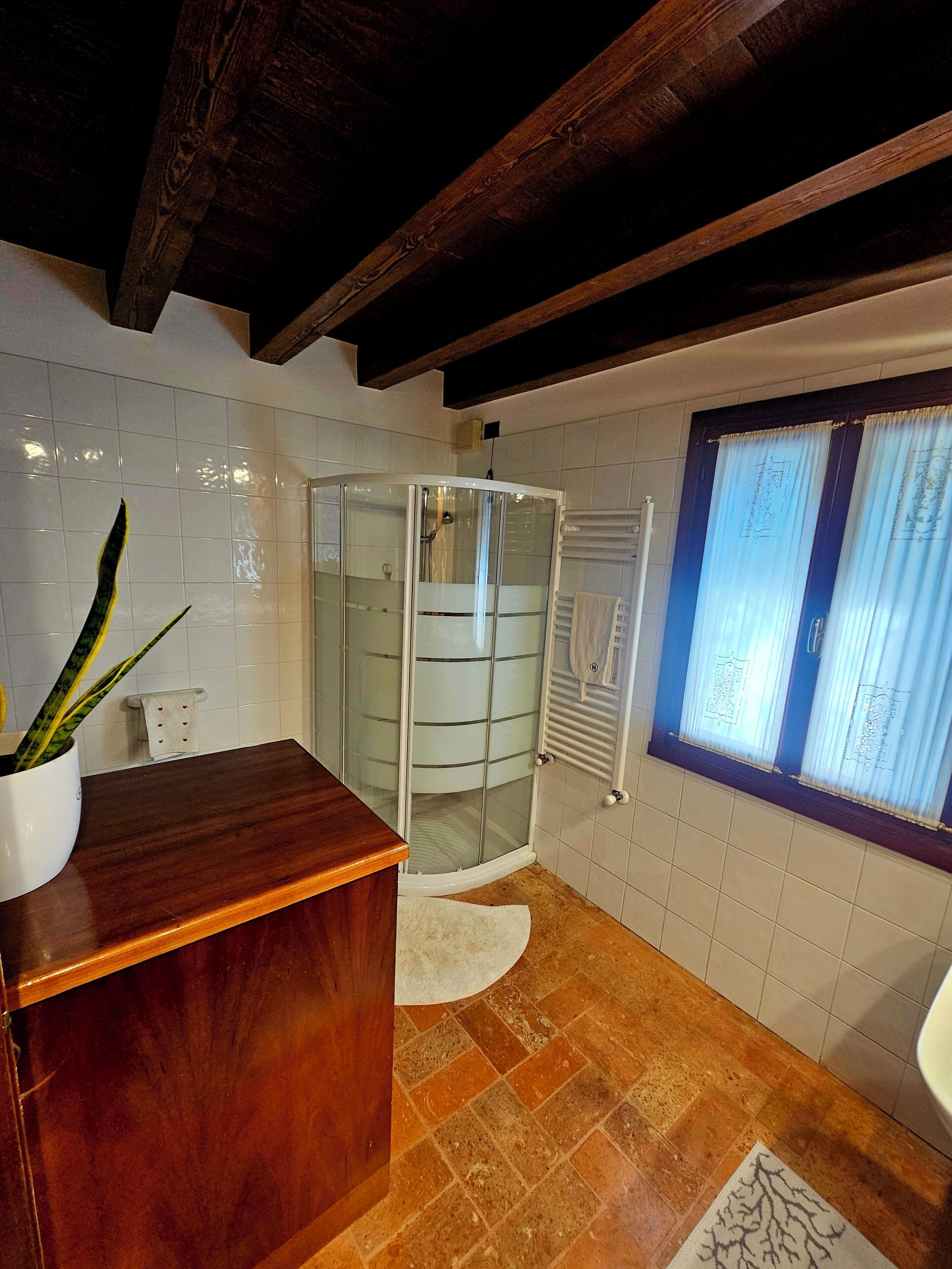Une salle de bain avec une douche à parois de verre, un meuble-lavabo en bois et une fenêtre avec des rideaux.