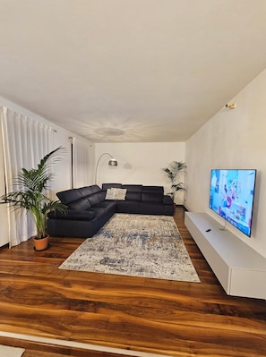 A modern living room with a sectional sofa, a flat-screen TV, and two potted plants. - Antica Dimora Confine (Mira)