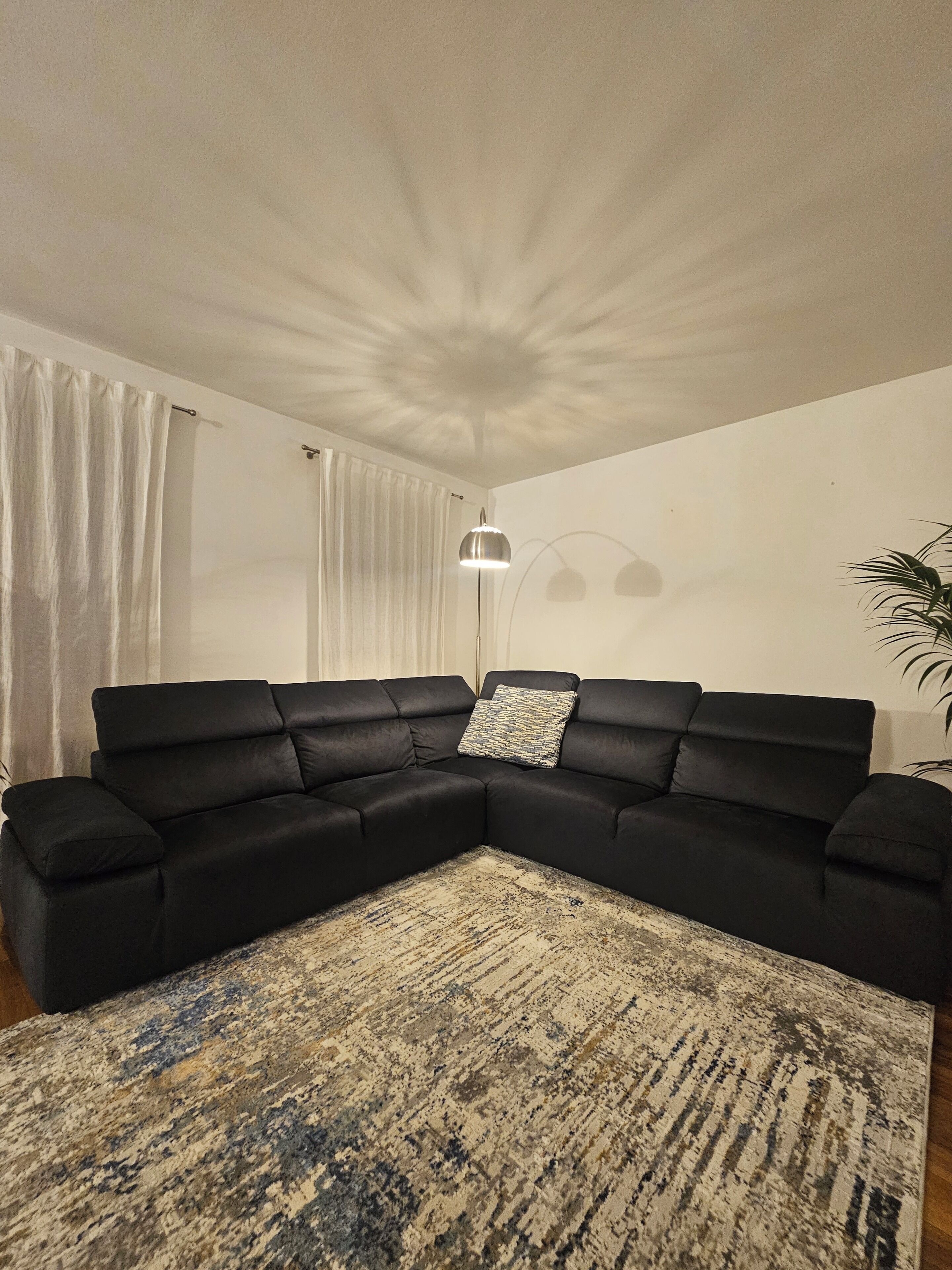 Ein Wohnzimmer mit einem schwarzen Ecksofa, einem gemusterten Teppich, einer Stehlampe und einer Pflanze.
