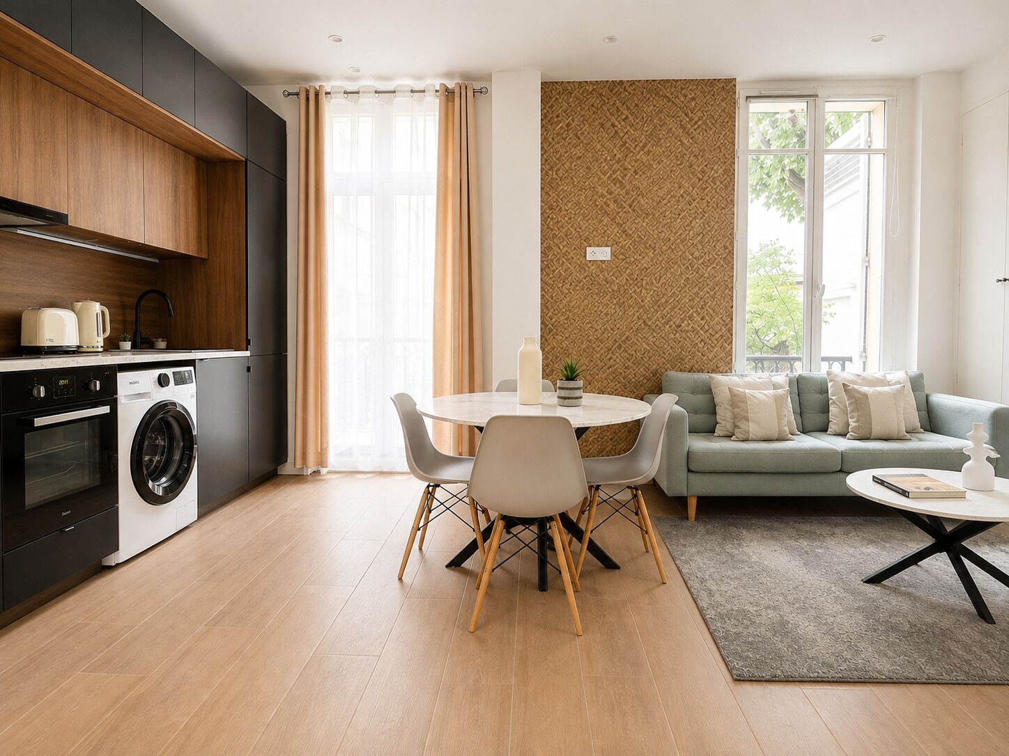 Une cuisine moderne équipée d’appareils électroménagers, un coin repas avec une table et des chaises, et un salon avec un canapé et une table basse.