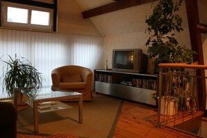 A living room with a sofa, a coffee table, a television, and a bookshelf. - Holiday home with 2 bedrooms (Hitzacker)