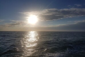 Ein Gewässer spiegelt das Sonnenlicht wider, über ihm ein klarer Himmel.