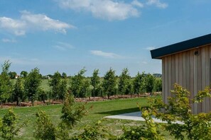 A building with a flat roof and a wooden exterior, surrounded by a grassy field and trees. - Holiday home with 1 bedroom (Zonnemaire)