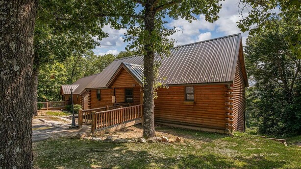 A wooden cabin with a metal roof, surrounded by trees and a grassy area.