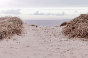 Een zandpad langs het strand dat naar de zee leidt, met duinen aan beide zijden.