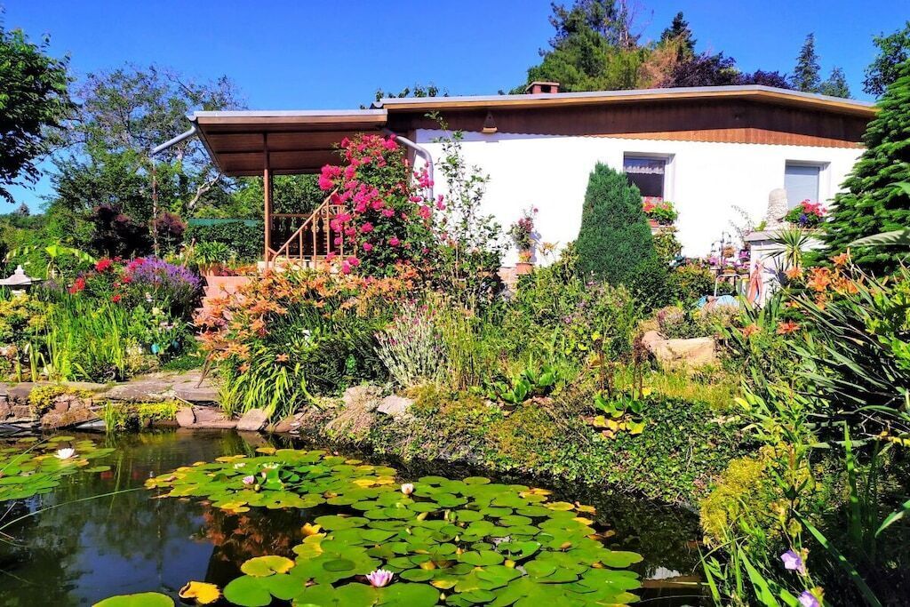 A garden with a pond, various plants, and a white building with a brown roof.